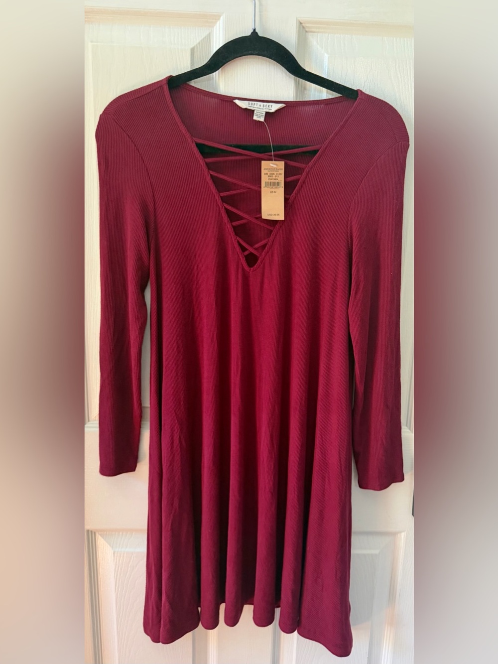 American Eagle Love Tree Burgundy Lace-Up V-Neck Long Sleeve Dress